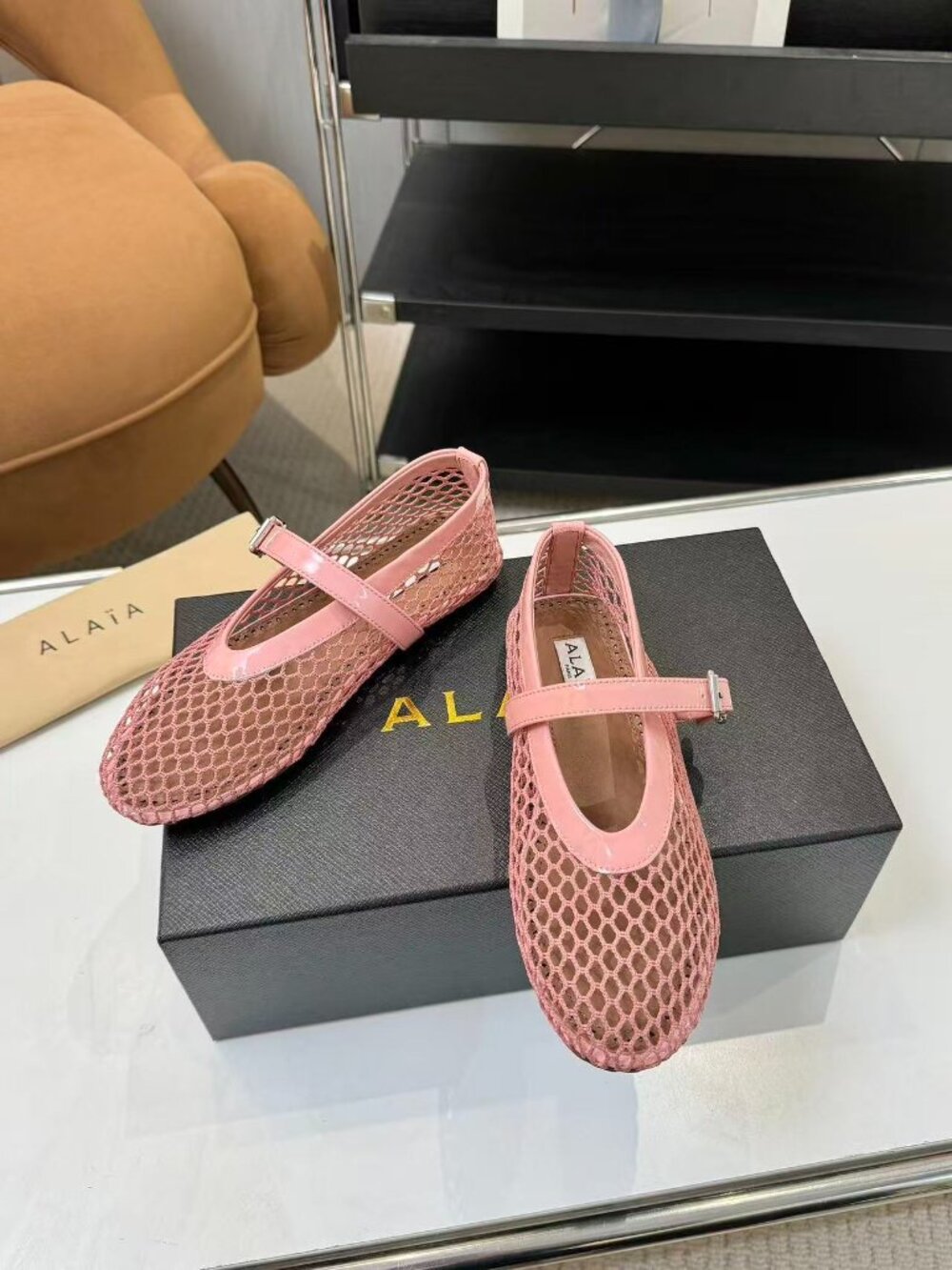 ALAÏA Pink Mesh Mary Jane Ballet Flats - Picture 7 of 9